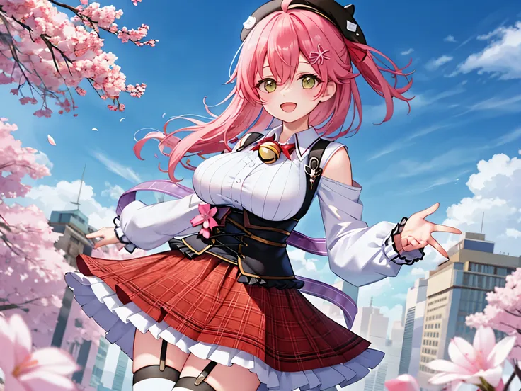 masutepiece, Best_Quality, hight_resolution, miko2,Ponytail, 1girl, Ahoge, black headwear, Hair Ornament, White shirt, black thighhighs, Pink hair, Red_skirt, very_short_skirt, plaid skirts, garter_strap, Collared shirt, hair clips, frilld, Bangs, hair between eye, frills skirt, beret, Pleated skirt, Hair Flower, Neck bell, , puffy long sleeves, Black bow, Underbust, Smile, (large_breasts:1.3),covered_nipples, green_eyes, happy, dynamic_angle,apart_legs,(big_smile:1.2),plump,open_mouth,shout,half_eyes,cherryblossom_park_landscape_background,