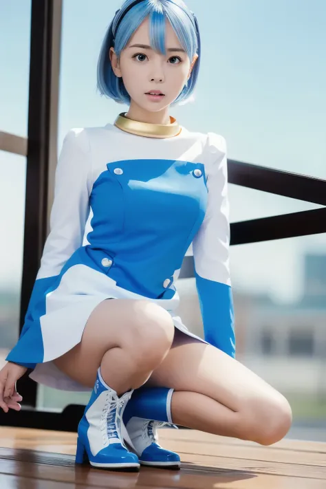 ( super high resolution )、eureka、 girl、 purple eyes、 very short light blue hair 、 choker、 hair clip that invites you with your hand、White and blue dress、 Long Sleeve 、 white knee-length knee-high boots、Blue toe of boots 、 full length view、 standing、A mode...