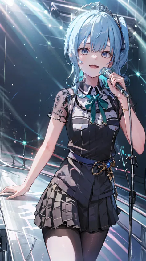 masterpiece, best quality, absurdres, 1girl, solo, Hoshimachi Suisei, light blue hair, blue eyes, happy, smile, parted lips, slender, sidelocks, sideponytail, toned, 
idol, idol clothes, hololive idol uniform, bowtie, blue skirt, brooch, dress, concert, on...