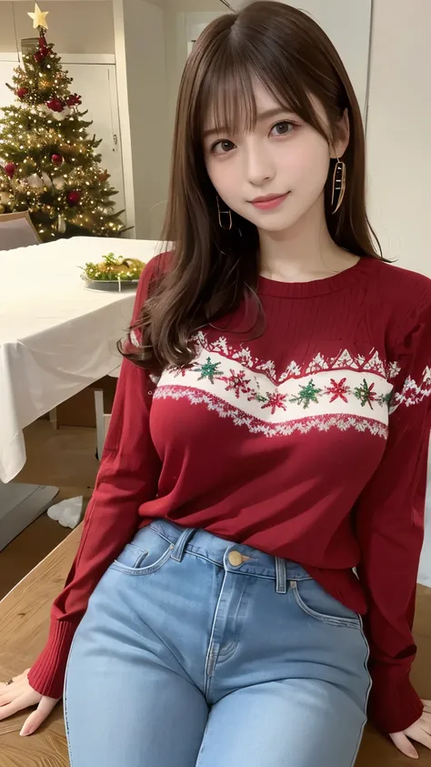 8k high definition quality、Christmas decorated room、Christmas Sweaters, Cute Sweater、Denim jeans、Christmas cake displayed on the table 、 glamorous and cute high school girl with big breasts、