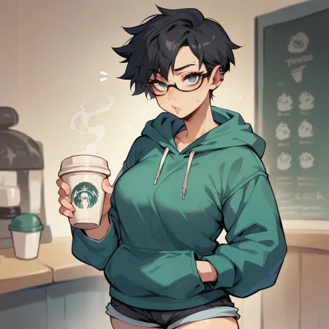 a thick mature tomboy goth girl. she has a hoodie on and short shorts and is at a coffee shop. she has black frame glasses on. she also has black hair and blue eyes.