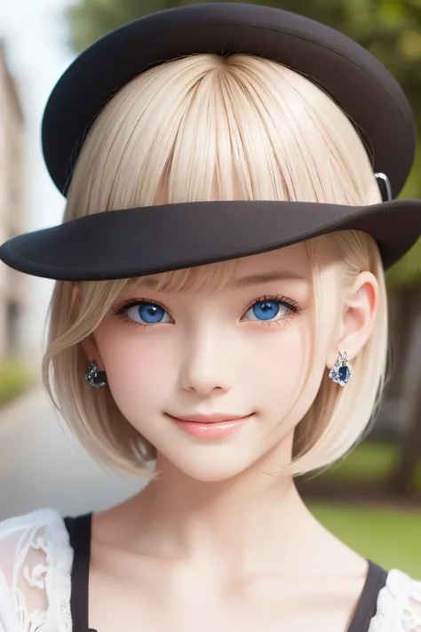 detailed face, cute face, master piece , best quality , woman , bowler hat , bangs , smile , outdoor, Shiny platinum blonde silky super short hair, side locks, beautiful shiny bangs, big clear sky blue eyes, very beautiful light eye highlights,  earrings
