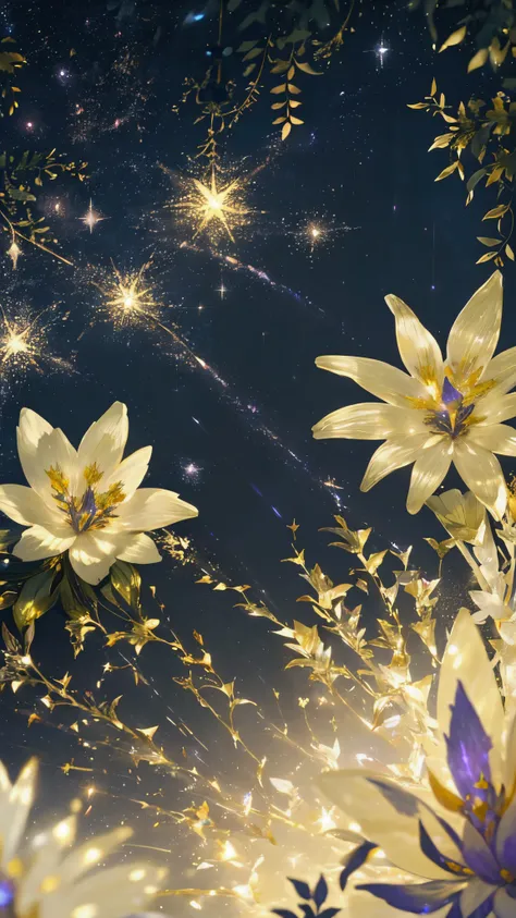  An Unknown World 　Night in the Galaxy 　Beautiful flowers　herbarium　 Fantastic and Healing 　 It also has a warm atmosphere　 mysterious　 shines brightly　 glitter effect ,  blurred background, 