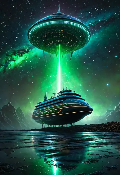 Organic shaped futuristic reflective alien ship in the center of the image, the ship has bright cosmic lights. Intricate details. At dimly foggy night with the sky full of stars. Highlight the constellation of Orion. Bright constellation. The Capitol is pe...