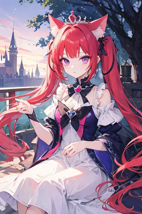  red hair、High twin tails、Straight Bangs、 princess cut、 purple eyes、Tree Eyes、 long lashes、Long Hair、Cat ears、 Magical Girl、Princess、 tiara 、pink long dress、Castle