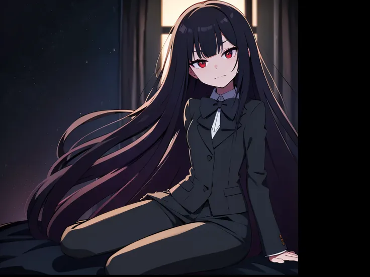 in bed room, a beautiful female sitting on the bed1:3, wearing a black blazer, school uniform, straight long hair, thin legs, pantyhose (black), dark brown bowtie, black skirt, looking away1:2, (best quality,4k,8k,highres,masterpiece:1.2), ideal ratio body...