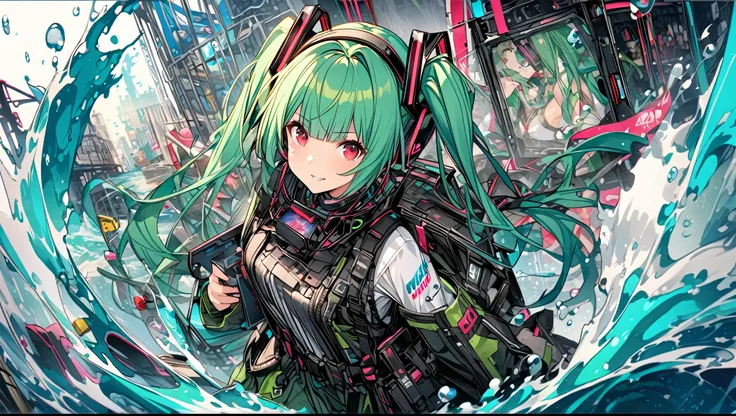  Hatsune Miku、 green hair、、Smartphone、 digital world 、digital cage、Blunt Bangs、 red eye color 、Super detailed、8k、bubble、Right blue water 、nice、bright、 green haired girl 、 digital splash