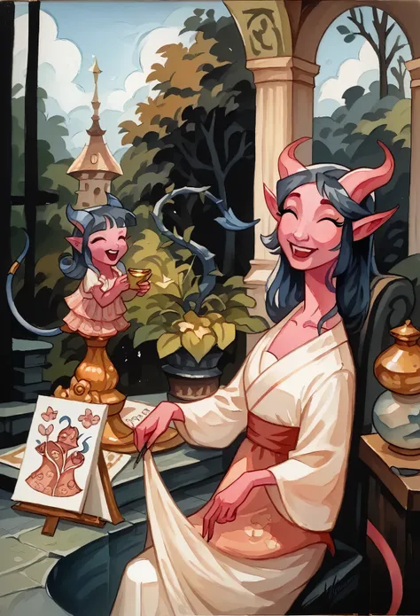 score_9, score_8_up, score_7_up, score_6_up, mulanxlp, hyper detailed, gouache painting:1.5, (a cute tiefling girl and her mothe...