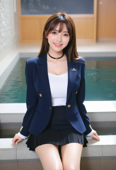  score_9,  score_8,  score_8up,  score_7, Best Quality、masterpiece, group、((White tight shirt,  navy blue blazer、 Miniskirt, uniform)),  big breasts at the temple, ((layered haircut)),  slender body sitting in a rock bath, Slim face（8k，Best Quality），Shooti...