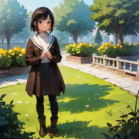 ( high quality,  high resolution on down, Very detailed, reality:1.37), Peaceful atmosphere, (Outdoor, garden), Teenage girl standing alone,  Beautiful details,  cute smile, (Black Bob), Ribbed sweater,Brown skirt, Black tights, Brown boots.