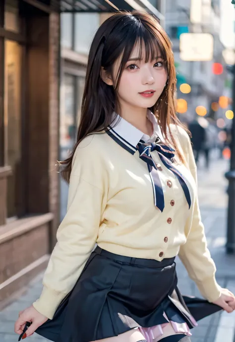 masterpiece, Best Quality, Illustration, Super detailed, Sex, high resolution on down, 8k,wallpaper, perfect dynamic composition,(Detailed high quality, Realistic eye depiction:1.3), Night City、 high school girl uniform 、 cardigan with front closure、 pl...
