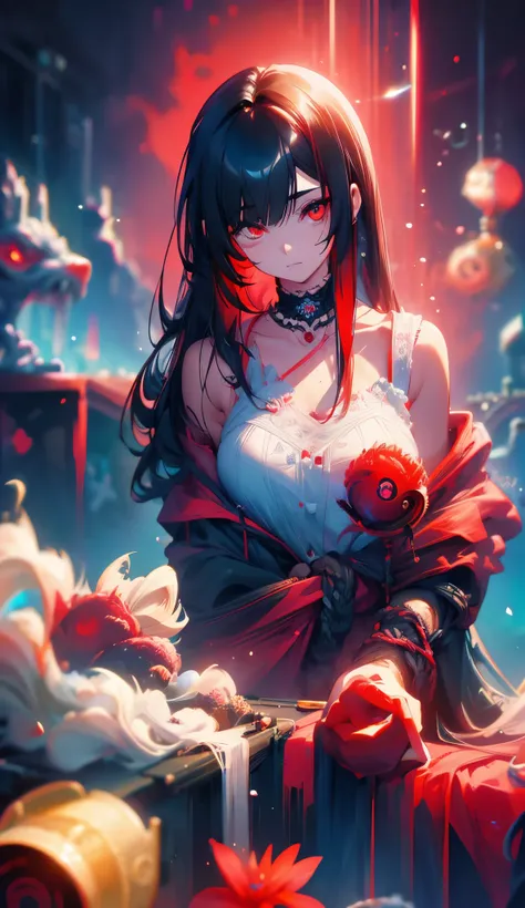 best quality, intricate details, chromatic aberration, 1girl, long hair, black hair, messy hair, red highlights, hair over one e...