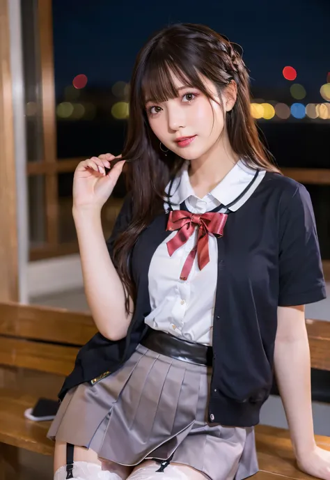 masterpiece, Best Quality, Illustration, Super detailed, Sex, high resolution on down, 8k,wallpaper, perfect dynamic composition,(Detailed high quality, Realistic eye depiction:1.3), Night City、 high school girl uniform 、 cardigan with front closure、 pl...