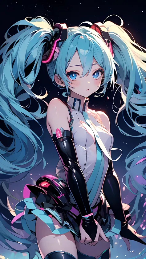 (masterpiece)、(Best Quality)、   very detailed face  、 Anime Ladies ,  Hatsune Miku, dance,Night Sky,dance,Immorality,  Small breasts  ,Big Eyes,CLOSE eyes, dramatic ,  Twin Tails, 