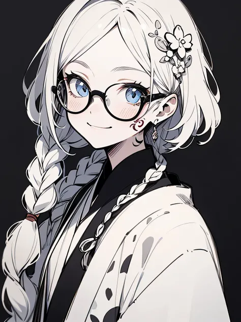 Alone,upperbody,white single braid,glasses,( face tatto:1.3),black and white small floral design magician robe,smile,Model Pose,simple color background,(manga style),(sketch),(illustration),.