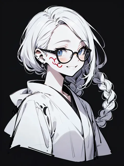 sideview,Alone,upperbody,white single braid,glasses,( face tatto:1.3),black and white small floral design magician robe,smile,Model Pose,simple color background,(manga style),(sketch),(illustration),.