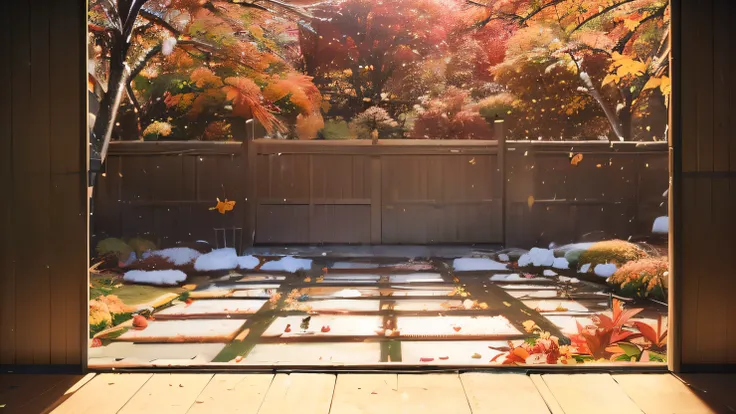 (garden with snow shaking violently: 1.5), garden seen through shoji, Japanese-style room filled with calm light, (clean and cleaned room with no snow: 1.2), (autumn-like garden with no snow at all: 1.7)