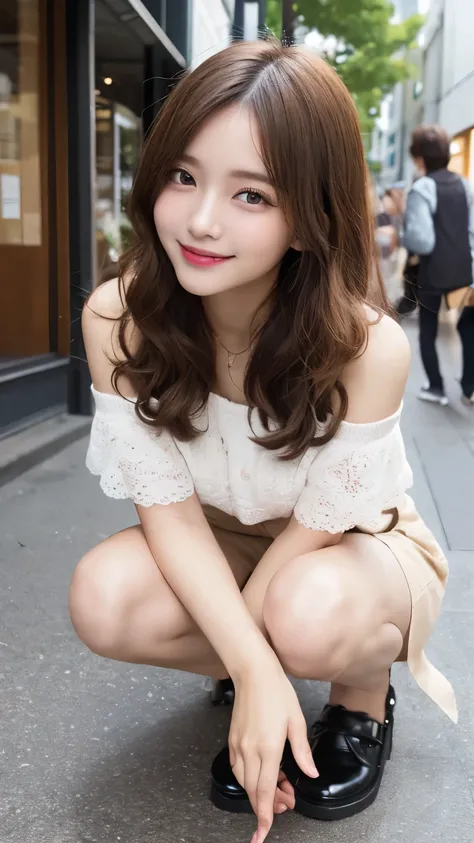  high resolution on down, top-quality, perfect dynamic composition,  beautiful detailed eyes,  off the shoulder、Shiny Hair、curly hair,  natural colored lips,  college aged、Harajuku、smile、Crouching、M-shaped feet