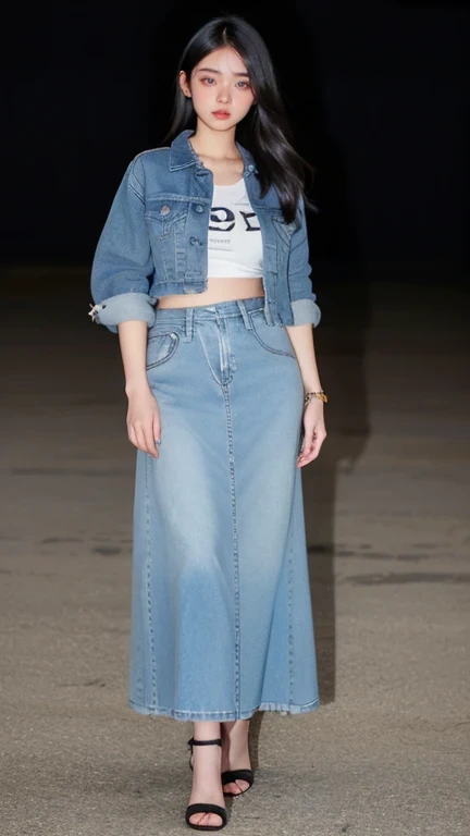 cinematic lighting, masterpiece, UHD, anatomically correct, textured skin, super detail, high quality, award winning, highres, 16k, 8k, full body shot, a young korean woman, age 25, medium breast, ((Cropped Denim Jacket with Maxi Skirt:)), proud pose, neut...