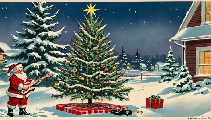    Christmas Tree   ,1950s,America,Postcards,Outside is a snowy landscape,Santa is playing the electric guitar