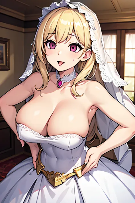 Best quality,8k,Solo woman,large breast,blonde hair,white wedding dress,veil,empty pink eyes,tongue out,indoor,haigure pose,detailed