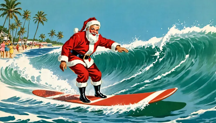  1950s,America,Postcards,Santa is surfing, illustration