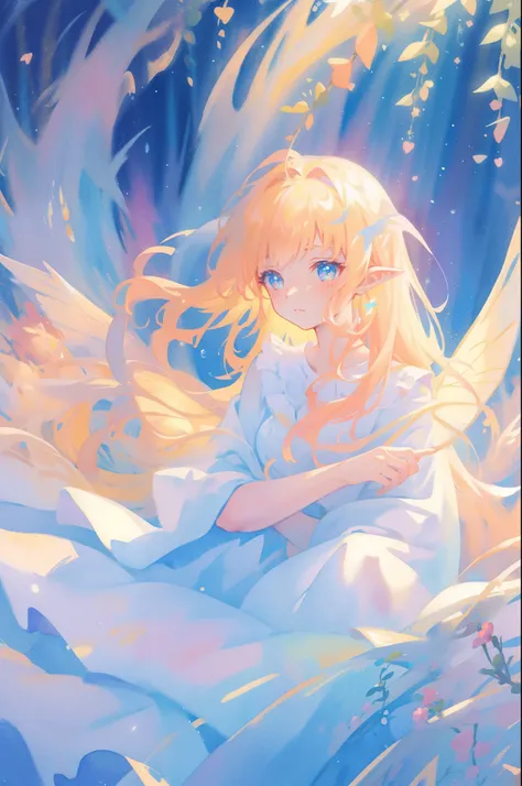 masterpiece, best quality, sharp focus, 8k, intricately detailed environment, anime, watercolor illustration, colorful, bright colors, whimsical, glowing lights, liquid otherworldly, fairy lights, beautiful girl in flowing liquid glowing dress, perfect fac...