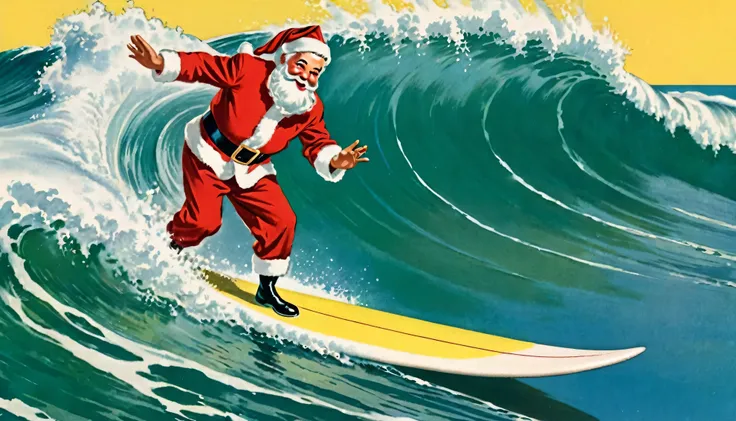  1950s,America,Postcards,Santa in luster colored clothes is surfing, illustration