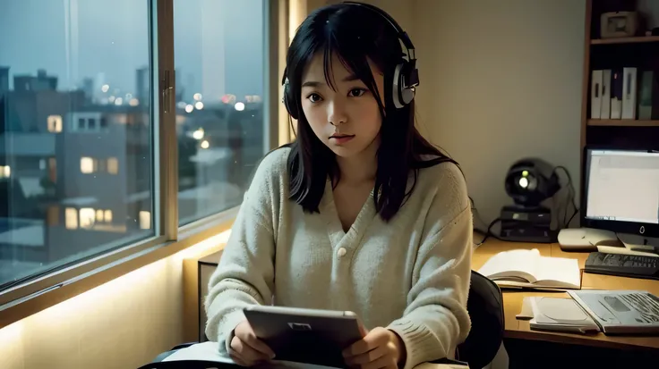 A beautiful 20-year-old Japanese woman studying on her computer in her cozy room at night. She is wearing comfortable, relaxed clothing and headphones. Through the window, the Kyoto cityscape glows with a serene night view. Her room has a warm and inviting...