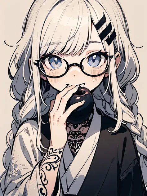 Alone,((Biting into a black poison apple)),white single braid,glasses,( face tatto:1.3),black and white small floral design magician robe,smile,Model Pose,simple color background,(manga style),(sketch),(illustration),.