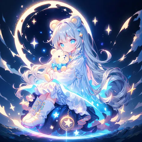 starの妖精、Full body front portrait、front、front facing the viewer、 girl ,best quality、 Masterpiece 、 Official art 、 high-profile room、Beautiful、Cute starの妖精、Gray hair、Long straight hair、galaxy、universe、star charm、star、baby face、 Knee-Length Boots 、 Giant Tedd...