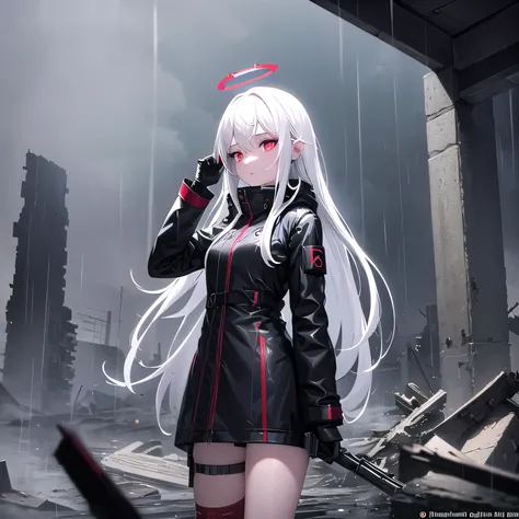 masterpiece, best quality, 1girl, red eyes, white hair, mechanical legs, raincoat, black gloves, black coat, raining, sky, ruins, rifle, headset, rubble, android, long hair, halo,