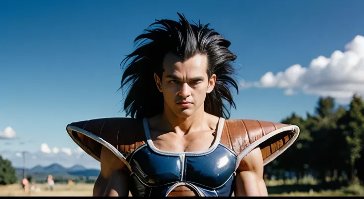 Raditz - the  , 1 boy, Alone,   black hair  , black eyes, (  upper body  :1.5,).portrait, smirk, Saiyan Armor, shoulder armor, Failures,  Very long hair,blue sky,plateau,tree,The gram,standing,  Looking at the spectator,  tail around the waist , red armban...