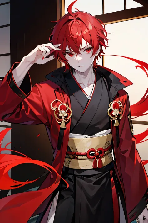 Male, masculine, red hair, red eyes, almost pale skin, red and black kimono