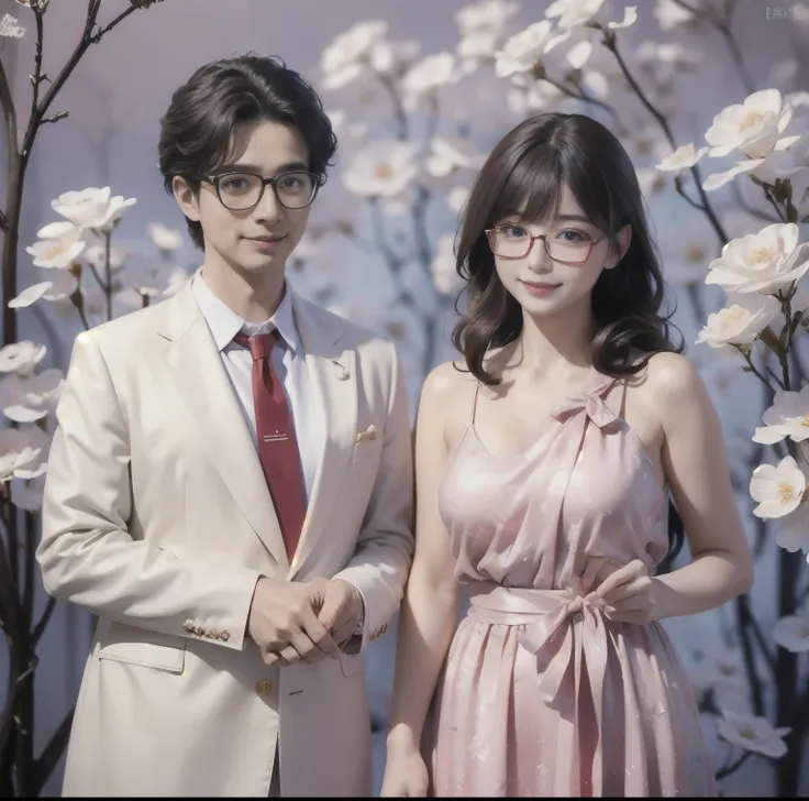 8K quality, Masterpiece, (Dazzling and fantastic lighting),  super real , High chroma, (Beautiful man with glasses), (Glasses 1.2), Whitening skin, brunette with bangs , (Big, bright blue eyes), (Crimson ribbon tie:1.2), Above chest, Three Piece, Flower Ga...