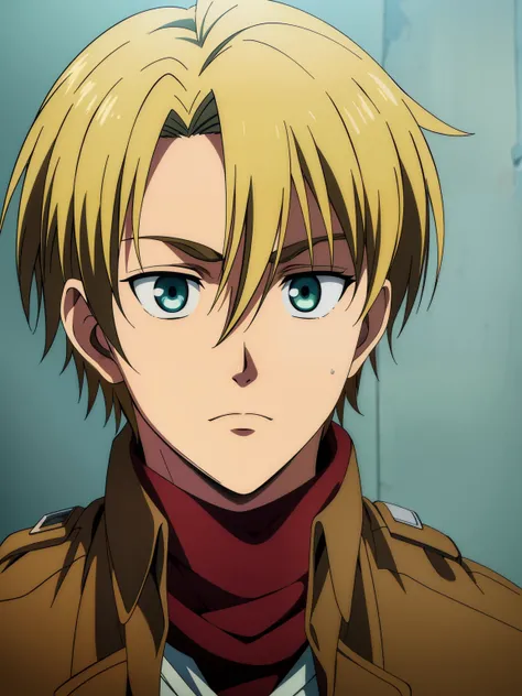 (high-quality, breathtaking),(expressive eyes, perfect face) 1boy, male, solo, portrait, narrow eyes,  kind face, neutral expression, soft smile, aot style, portrait, stylized hairstyle, Symmetrical Eyes, blonde hair, green blue eyes, teenager, grey backgr...