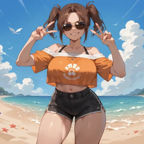 1girl, solo, short brown hair in two pigtails, sunglasses, eyeless, big breasts, wide hips, thighs, orange off-shoulder crop top, black shorts, smirk, peace sign hands, standing, looking at viewer, beach background, from the front view