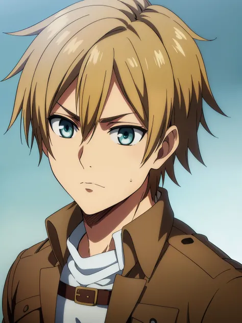 (high-quality, breathtaking),(expressive eyes, perfect face) 1boy, male, solo, portrait, narrow eyes, kind face, neutral expression, soft smile, aot style, portrait, stylized hairstyle, Symmetrical Eyes, blonde hair, green blue eyes, teenager, grey backgro...