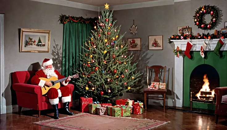    Christmas Tree   ,1950s,America,Postcards.Candlelight room ,Dark room, acoustic guitar gifts under the tree,Santa is playing the guitar