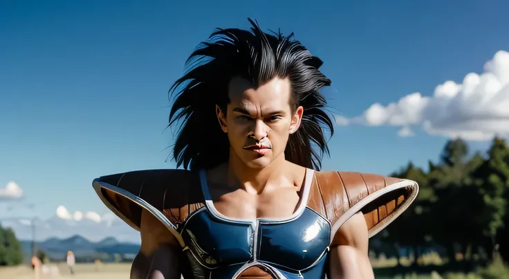 Raditz - the  , 1 boy, Alone, Asian features,   black hair  , black eyes, (  upper body  :1.5,).portrait, smirk, Saiyan Armor, shoulder armor, Failures,  Very long hair,blue sky,plateau,tree,The gram,standing,  Looking at the spectator,  tail around the wa...