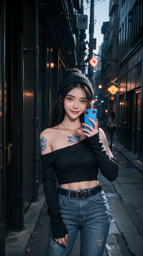 (( face focus ,smile,Selfie Portrait:1.4))cool{{x}}Girls posing at ,  neon lit urban alley.  black hair with bangs,  The girls are wearing edgy streetwear,((blue rose tattoo on shoulder:1.3)),  wide leg jeans, Fur boots,  girl posing in beanie blaster,  an...