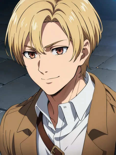 (high-quality, breathtaking),(expressive eyes, perfect face) 1boy, male, solo, portrait, narrow eyes, kind face, neutral expression, cute smile, aot style, portrait, stylized hairstyle, Symmetrical Eyes, bright soft blonde hair, red eyes, teenager, grey ba...