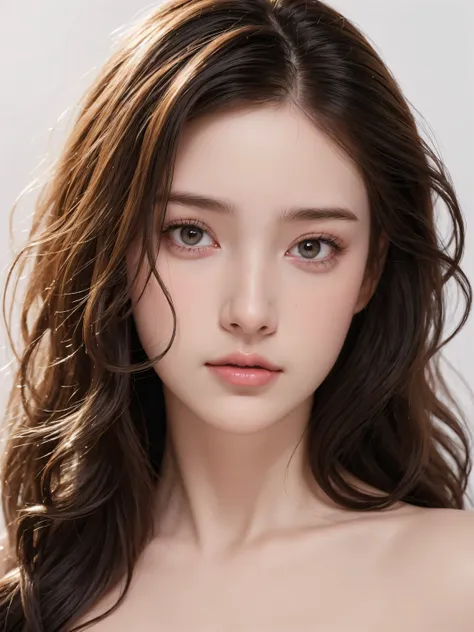 best quality, masterpiece, (photorealistic:1.5), photo of a beautiful 22 years old woman, face, grey eyes, clean pale skin, pink...