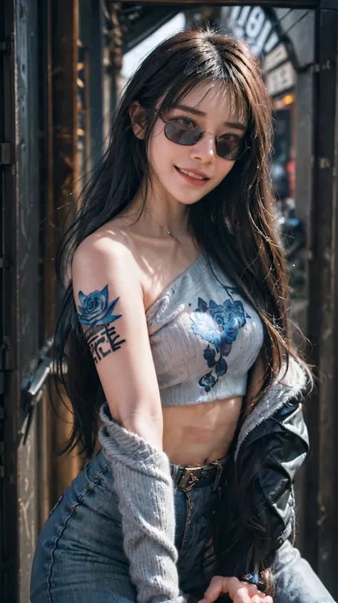 (( face focus , wear sunglasses ,smile,Selfie Portrait:1.4))cool{{x}}Girls posing at ,  neon lit urban alley.  black hair with bangs,  The girls are wearing edgy streetwear,((blue rose tattoo on shoulder:1.3)),  wide leg jeans, Fur boots,  girl posing in b...