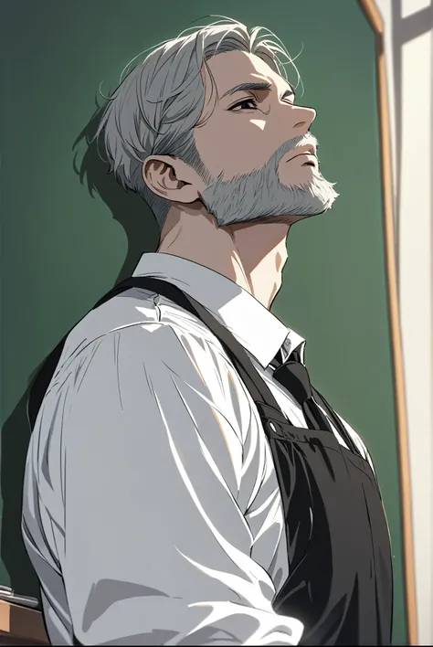  short hair , masterpiece,  top quality , 1 man , gray hair ,   perfect face   , black eye ,   Handsome Man  , Alone,  pale skin , middle aged man , Upper body , delicate line drawing, Side view , Very detailed, short beard , white shirt, black tie,  Backg...