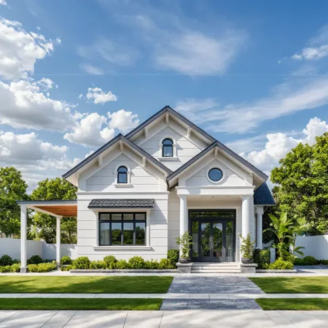 (masterpiece:1.2), best quality, photo of A two-story modern house with white walls and dark gray tiles on the roof., tree and plant, streetcapes, natural light, The exterior of an elegant single family home features large windows, a dark gray door frame.