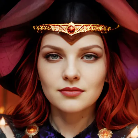 a close up of a woman with red hair and a crown on her head, baldurs gate character portrait, liliana vess, scary queen of death, morgana, mara demon, evil godess, portrait of modern darna, gothic maiden shaman, morgana from league of legends, dwarven woma...