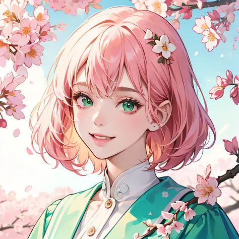 a beautiful, adorable and lively girl, she has beautiful short pink hair with bangs, green eyes, very white skin, and slightly flushed cheeks, smiling excitedly, on a background with cherry blossoms.