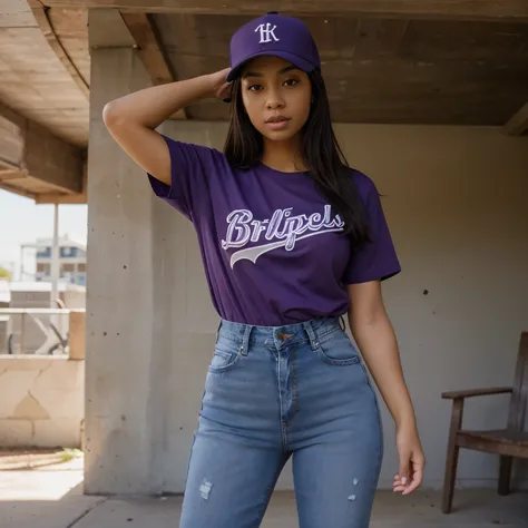 Girl Brown Skin with Baseball Hat, Purple Shirt and Jeans