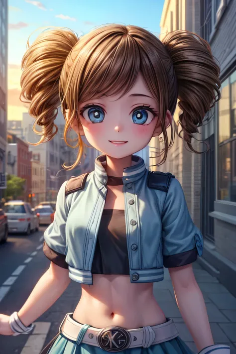 RAW photos, Camera view , (( superior quality , 8K, masterpiece: 1.3)),  sharp focus: 1.2,  white shirt , Nice features, the best smile,  nice smile, beautiful woman with perfect style: 1.4, Slender Abs: 1.2,   dark brown hair  , (natural light, city stree...